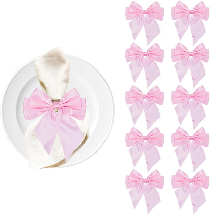 NICENEEDED 10 PCS Bow Napkin Ring Set, 4.02 X 4.53 Inch Pink Bowknot Dinner Table Ring, Chic Satin Napkin Buckle for Coquette Party Bachelorette Bridal