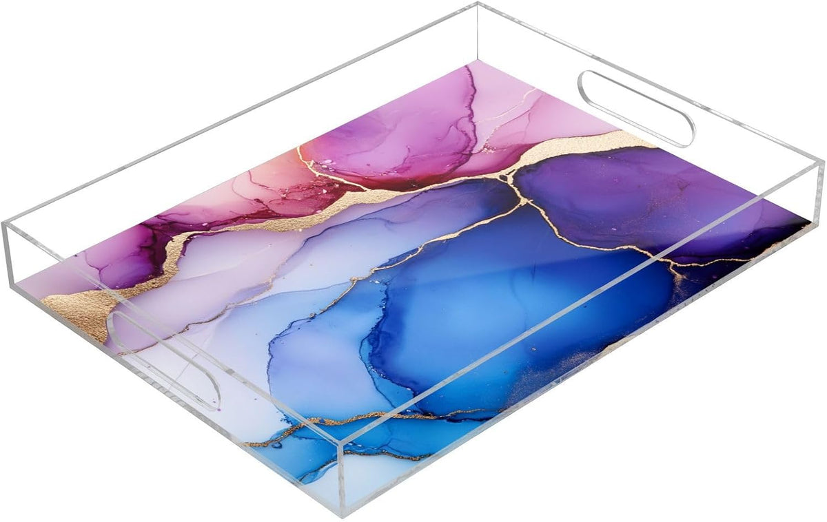 Square Acrylic Tray Marble Blue Hot Peach Beauty Clear Acrylic Tray with Handles 12x16 inches Acrylic Serving Tray Waterproof