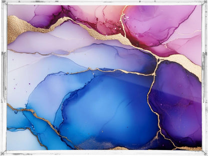 Square Acrylic Tray Marble Blue Hot Peach Beauty Clear Acrylic Tray with Handles 12x16 inches Acrylic Serving Tray Waterproof