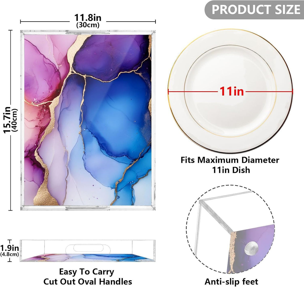 Square Acrylic Tray Marble Blue Hot Peach Beauty Clear Acrylic Tray with Handles 12x16 inches Acrylic Serving Tray Waterproof