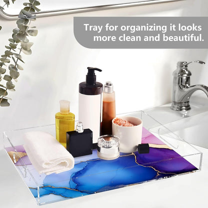 Square Acrylic Tray Marble Blue Hot Peach Beauty Clear Acrylic Tray with Handles 12x16 inches Acrylic Serving Tray Waterproof