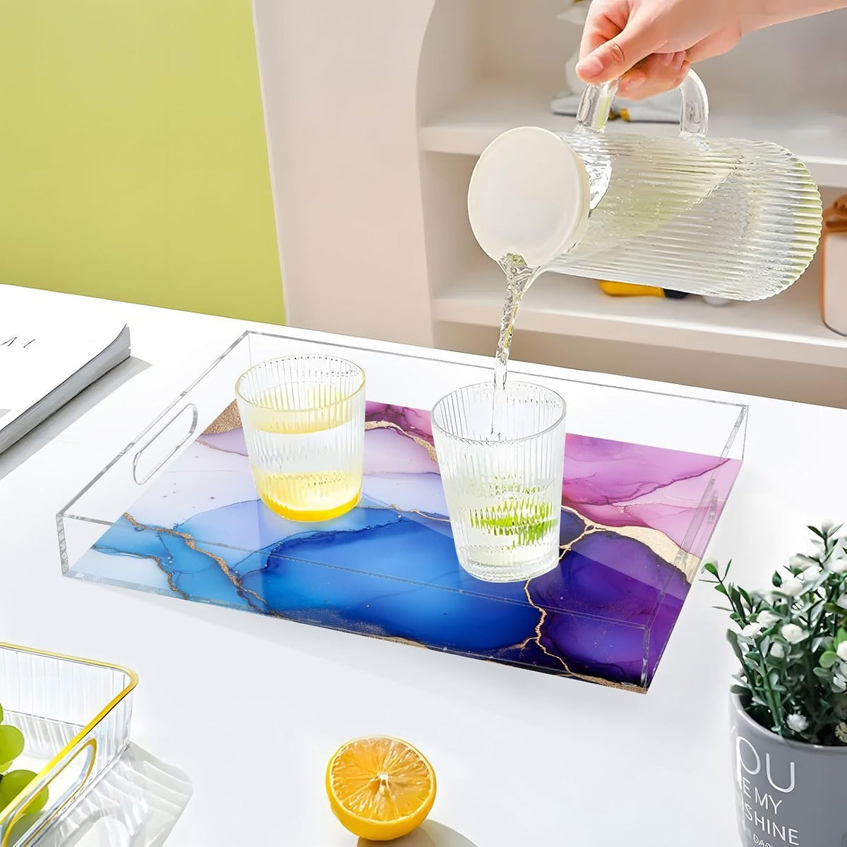 Square Acrylic Tray Marble Blue Hot Peach Beauty Clear Acrylic Tray with Handles 12x16 inches Acrylic Serving Tray Waterproof