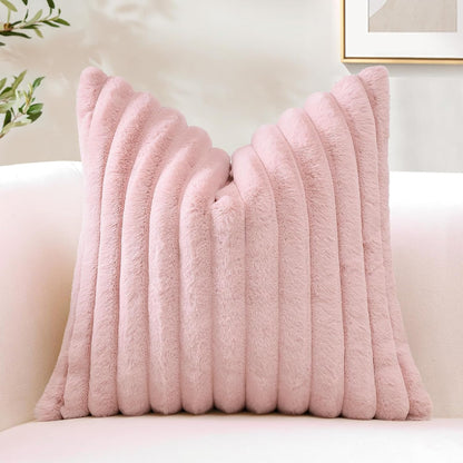 Blush Pink Faux Rabbit Fur Decorative Throw Pillow Cover 18x18 Inch Soft Cozy Plush Striped Pillowcase Velvet Cushion Cover for Sofa Couch Bed Living Room