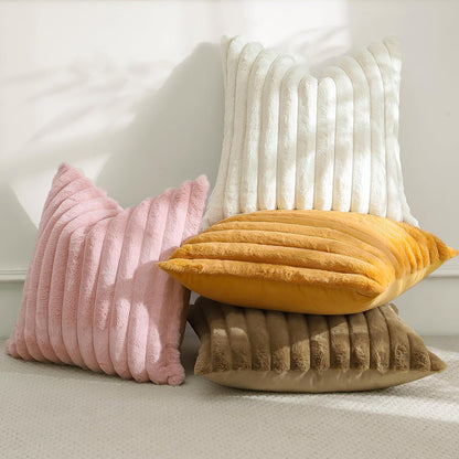 Blush Pink Faux Rabbit Fur Decorative Throw Pillow Cover 18x18 Inch Soft Cozy Plush Striped Pillowcase Velvet Cushion Cover for Sofa Couch Bed Living Room