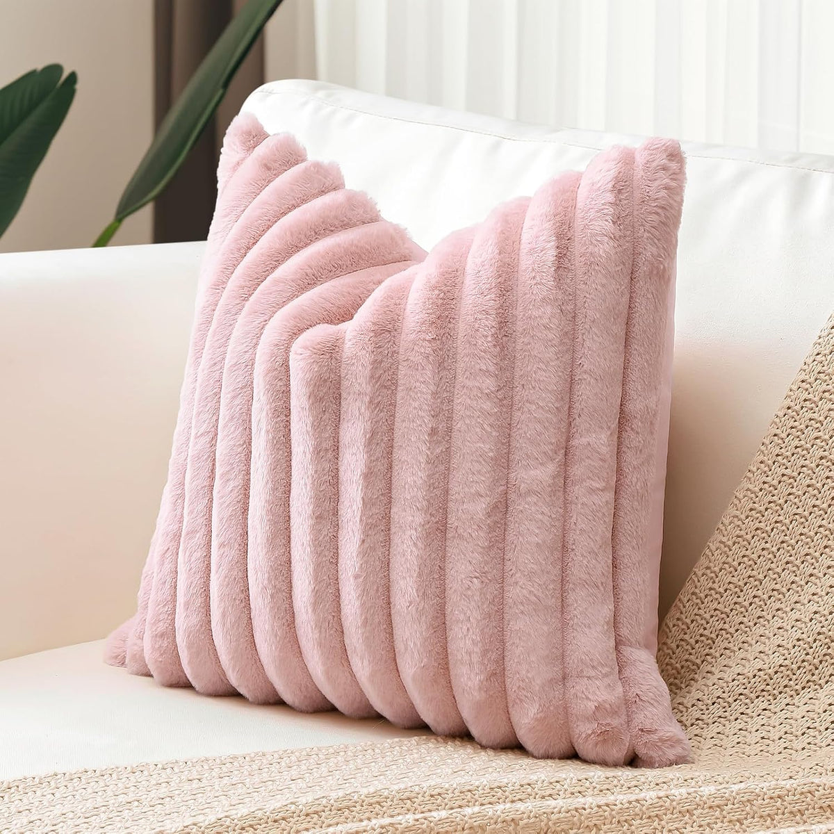 Blush Pink Faux Rabbit Fur Decorative Throw Pillow Cover 18x18 Inch Soft Cozy Plush Striped Pillowcase Velvet Cushion Cover for Sofa Couch Bed Living Room