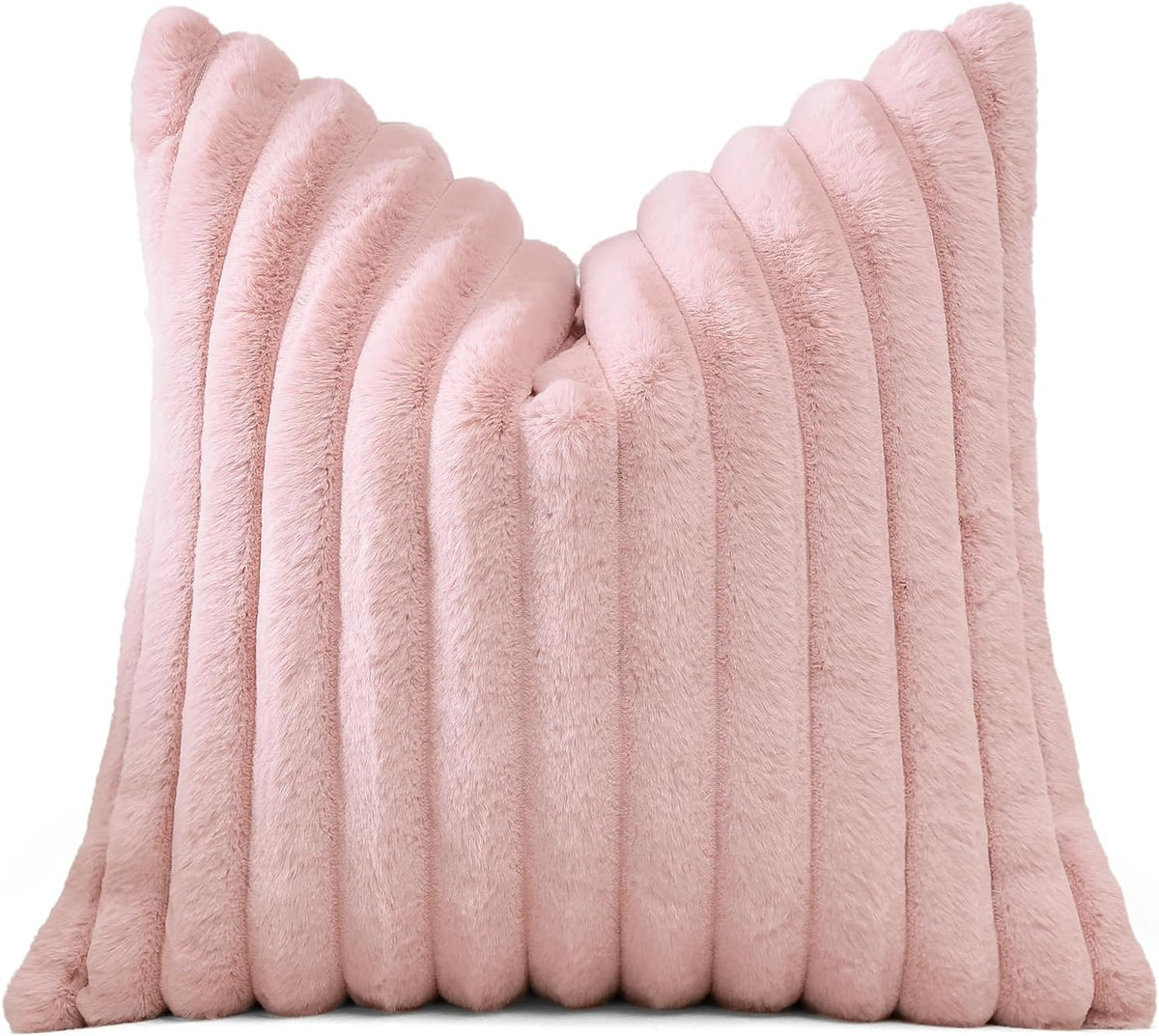Blush Pink Faux Rabbit Fur Decorative Throw Pillow Cover 18x18 Inch Soft Cozy Plush Striped Pillowcase Velvet Cushion Cover for Sofa Couch Bed Living Room