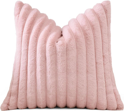 Blush Pink Faux Rabbit Fur Decorative Throw Pillow Cover 18x18 Inch Soft Cozy Plush Striped Pillowcase Velvet Cushion Cover for Sofa Couch Bed Living Room