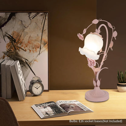 Pink Flower Pink Light Bedside Vintage Lamp Table Lamp, Glass Rose Bedroom Lamp for Bedroom Home Weddings Parties Patio Indoor (Bulb Not Included)