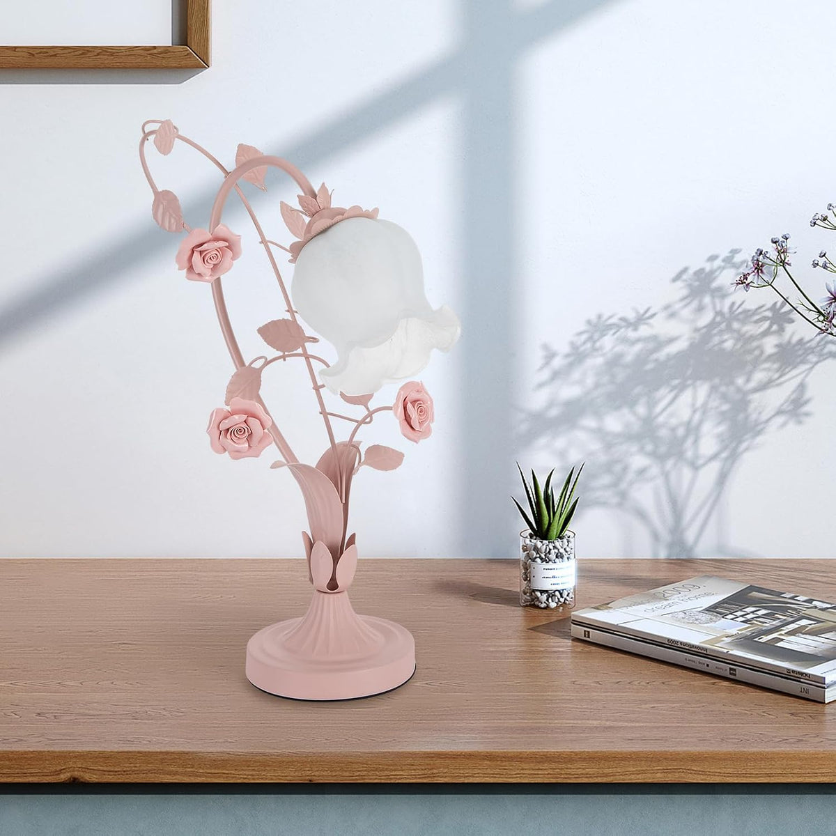 Pink Flower Pink Light Bedside Vintage Lamp Table Lamp, Glass Rose Bedroom Lamp for Bedroom Home Weddings Parties Patio Indoor (Bulb Not Included)