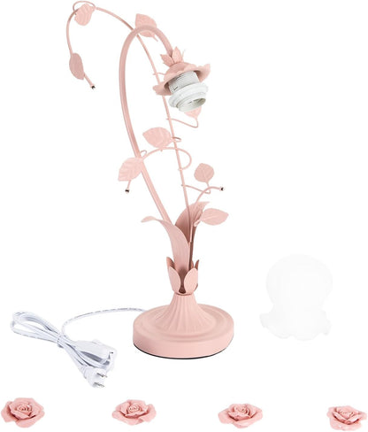 Pink Flower Pink Light Bedside Vintage Lamp Table Lamp, Glass Rose Bedroom Lamp for Bedroom Home Weddings Parties Patio Indoor (Bulb Not Included)