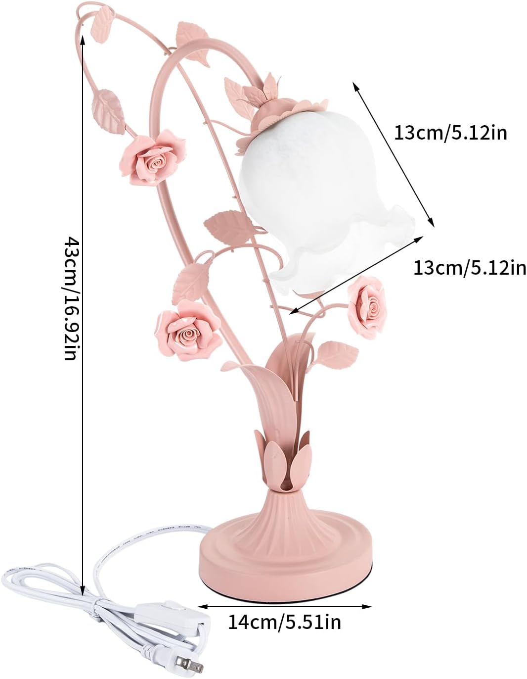 Pink Flower Pink Light Bedside Vintage Lamp Table Lamp, Glass Rose Bedroom Lamp for Bedroom Home Weddings Parties Patio Indoor (Bulb Not Included)