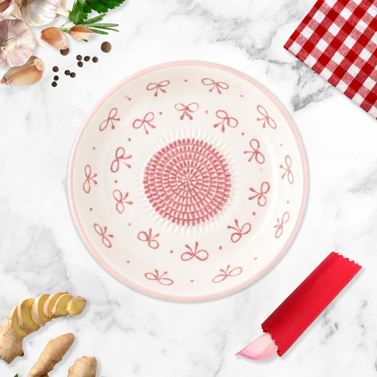 Ceramic Grater Bowl, Garlice Grater Plate, Handmade Ginger Grater, Mincer Bowl for Cheese &Vegetables, Ceramic Decorative Mincer, Hand Dish for Garlic (Pink Bow)