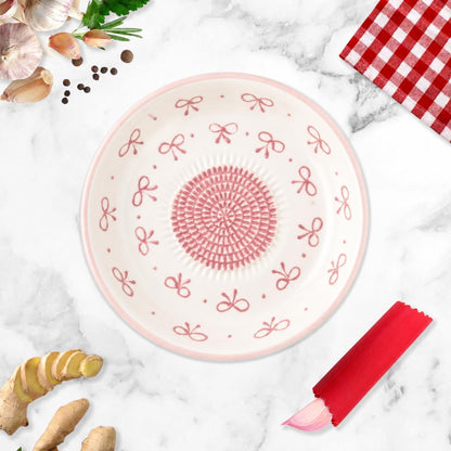 Ceramic Grater Bowl, Garlice Grater Plate, Handmade Ginger Grater, Mincer Bowl for Cheese &Vegetables, Ceramic Decorative Mincer, Hand Dish for Garlic (Pink Bow)