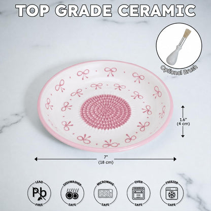 Ceramic Grater Bowl, Garlice Grater Plate, Handmade Ginger Grater, Mincer Bowl for Cheese &Vegetables, Ceramic Decorative Mincer, Hand Dish for Garlic (Pink Bow)