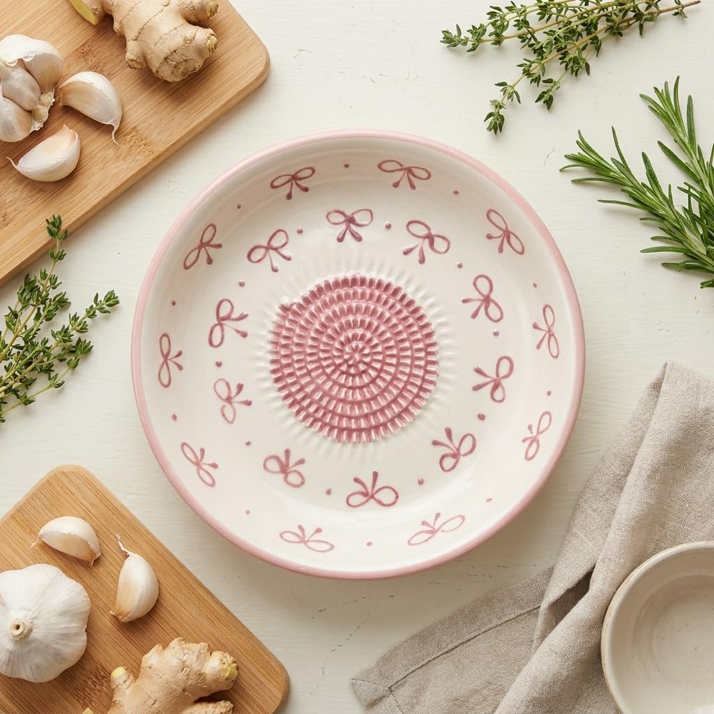 Ceramic Grater Bowl, Garlice Grater Plate, Handmade Ginger Grater, Mincer Bowl for Cheese &Vegetables, Ceramic Decorative Mincer, Hand Dish for Garlic (Pink Bow)