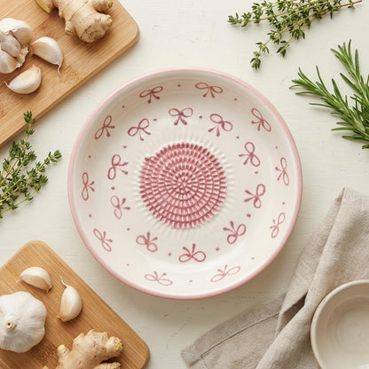 Ceramic Grater Bowl, Garlice Grater Plate, Handmade Ginger Grater, Mincer Bowl for Cheese &Vegetables, Ceramic Decorative Mincer, Hand Dish for Garlic (Pink Bow)