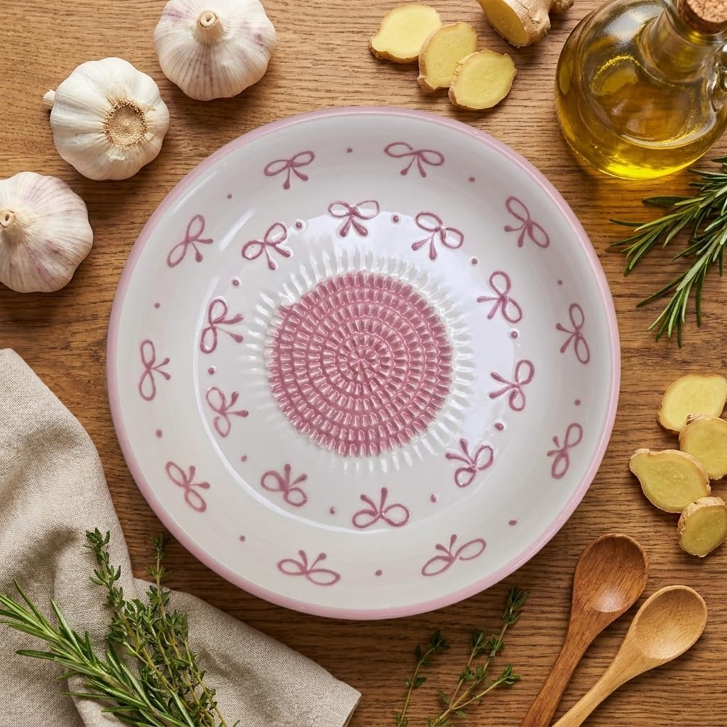 Ceramic Grater Bowl, Garlice Grater Plate, Handmade Ginger Grater, Mincer Bowl for Cheese &Vegetables, Ceramic Decorative Mincer, Hand Dish for Garlic (Pink Bow)