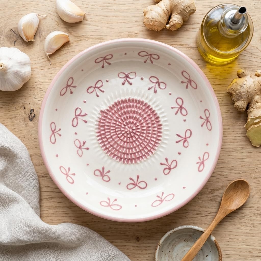 Ceramic Grater Bowl, Garlice Grater Plate, Handmade Ginger Grater, Mincer Bowl for Cheese &Vegetables, Ceramic Decorative Mincer, Hand Dish for Garlic (Pink Bow)