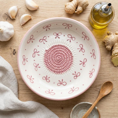 Ceramic Grater Bowl, Garlice Grater Plate, Handmade Ginger Grater, Mincer Bowl for Cheese &Vegetables, Ceramic Decorative Mincer, Hand Dish for Garlic (Pink Bow)