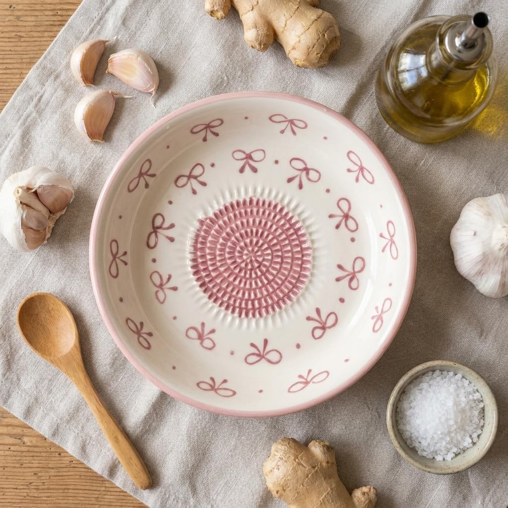 Ceramic Grater Bowl, Garlice Grater Plate, Handmade Ginger Grater, Mincer Bowl for Cheese &Vegetables, Ceramic Decorative Mincer, Hand Dish for Garlic (Pink Bow)