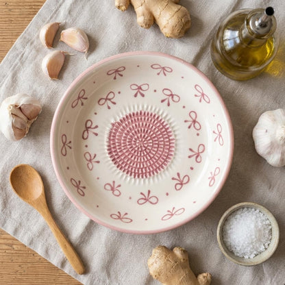 Ceramic Grater Bowl, Garlice Grater Plate, Handmade Ginger Grater, Mincer Bowl for Cheese &Vegetables, Ceramic Decorative Mincer, Hand Dish for Garlic (Pink Bow)