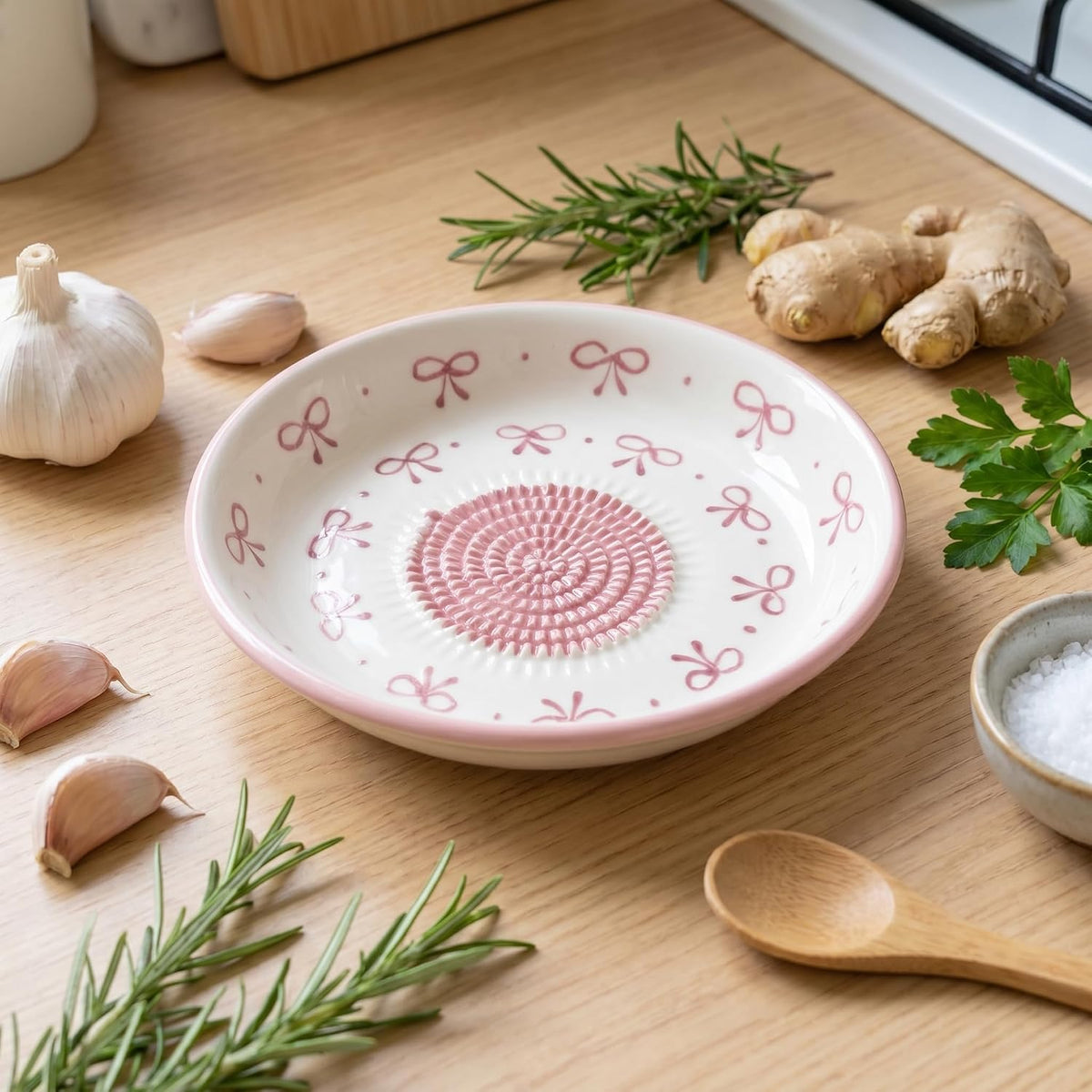 Ceramic Grater Bowl, Garlice Grater Plate, Handmade Ginger Grater, Mincer Bowl for Cheese &Vegetables, Ceramic Decorative Mincer, Hand Dish for Garlic (Pink Bow)