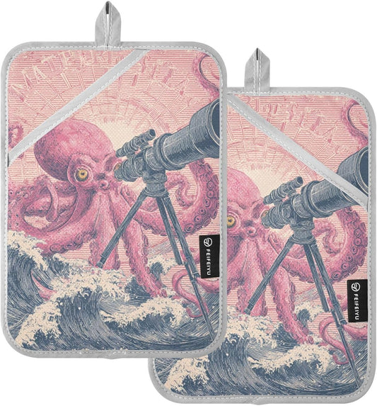 Pot Holder 2 Pack Set Hot Pads Potholders with Pockets Heat Resistant Square Quilted Oven Hot Pads Trivets for Kitchen Cooking Baking Retro Octopus Telescope Pink