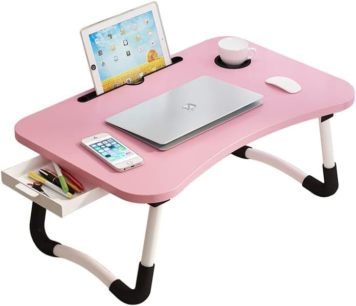 Lap Desk with Storage Drawer, Holders for Cup and Tablet for Kids and Adults, Tray Table with Foldable Legs, Laptop Bed Stand, Portable Standing Table for Sofa Couch Floor (23.6", Pink)