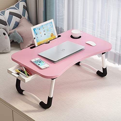 Lap Desk with Storage Drawer, Holders for Cup and Tablet for Kids and Adults, Tray Table with Foldable Legs, Laptop Bed Stand, Portable Standing Table for Sofa Couch Floor (23.6", Pink)