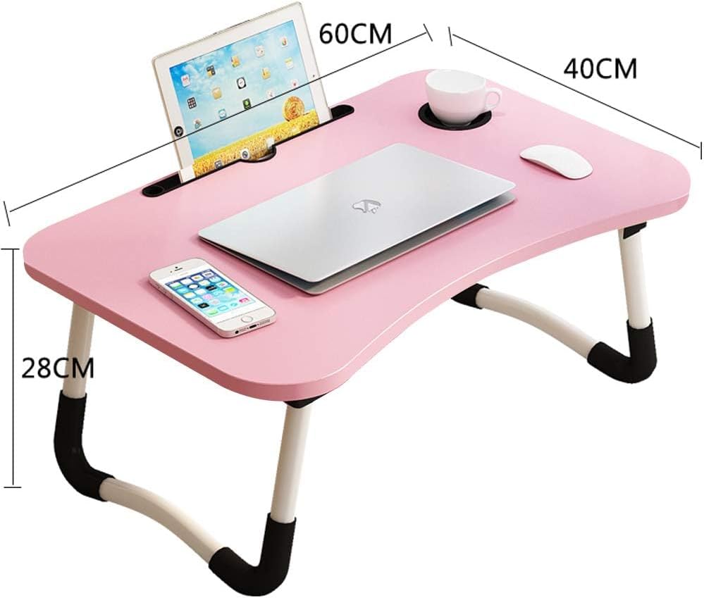 Lap Desk with Storage Drawer, Holders for Cup and Tablet for Kids and Adults, Tray Table with Foldable Legs, Laptop Bed Stand, Portable Standing Table for Sofa Couch Floor (23.6", Pink)