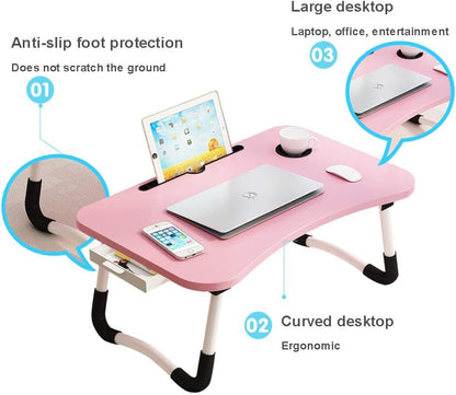 Lap Desk with Storage Drawer, Holders for Cup and Tablet for Kids and Adults, Tray Table with Foldable Legs, Laptop Bed Stand, Portable Standing Table for Sofa Couch Floor (23.6", Pink)