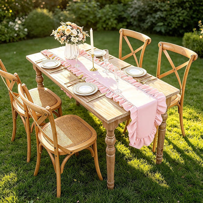Pink Ruffled Table Runner 118 inch Scalloped Farmhouse Kitchen Table Decor