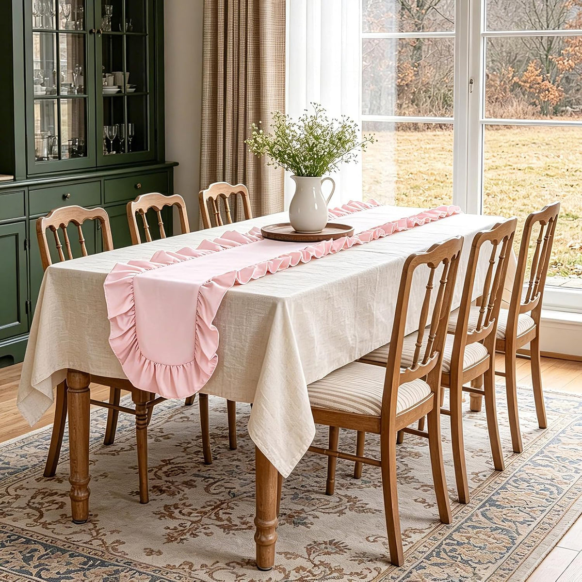 Pink Ruffled Table Runner 118 inch Scalloped Farmhouse Kitchen Table Decor
