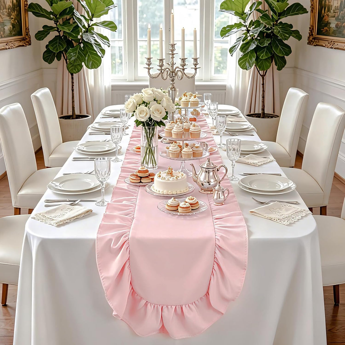 Pink Ruffled Table Runner 118 inch Scalloped Farmhouse Kitchen Table Decor