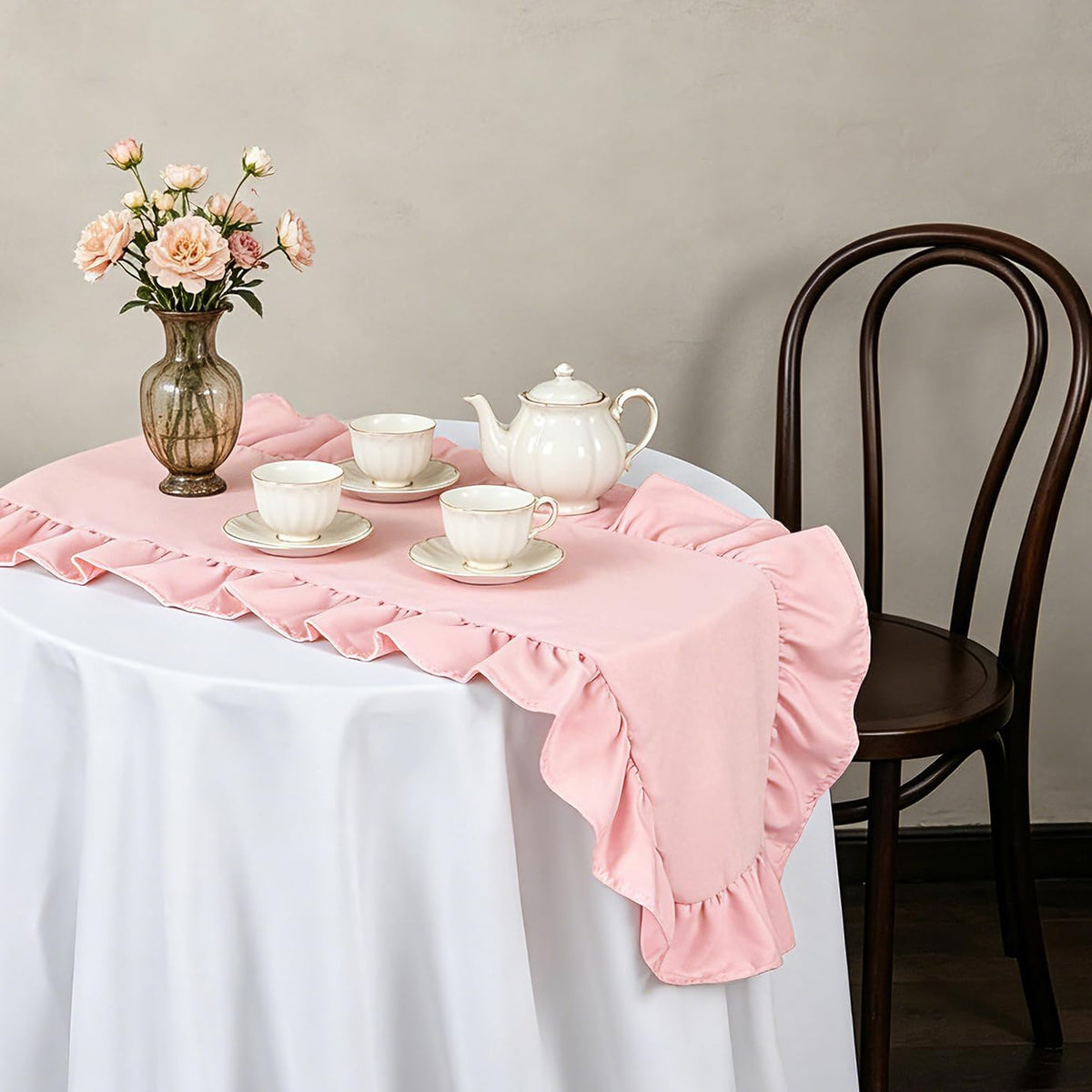 Pink Ruffled Table Runner 118 inch Scalloped Farmhouse Kitchen Table Decor