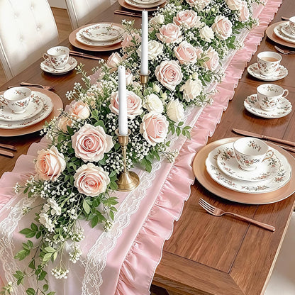 Pink Ruffled Table Runner 118 inch Scalloped Farmhouse Kitchen Table Decor