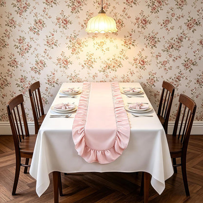 Pink Ruffled Table Runner 118 inch Scalloped Farmhouse Kitchen Table Decor
