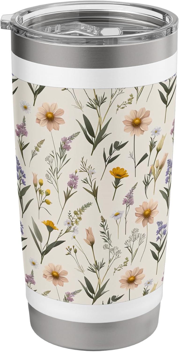 Minimalist Peach Daisy and Lavender Floral Pattern Stainless Steel Insulated Tumbler