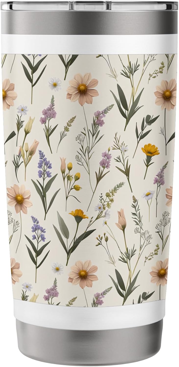 Minimalist Peach Daisy and Lavender Floral Pattern Stainless Steel Insulated Tumbler
