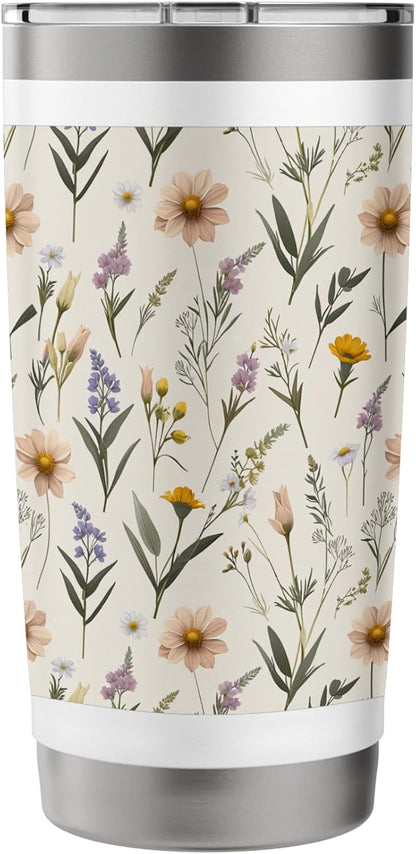 Minimalist Peach Daisy and Lavender Floral Pattern Stainless Steel Insulated Tumbler