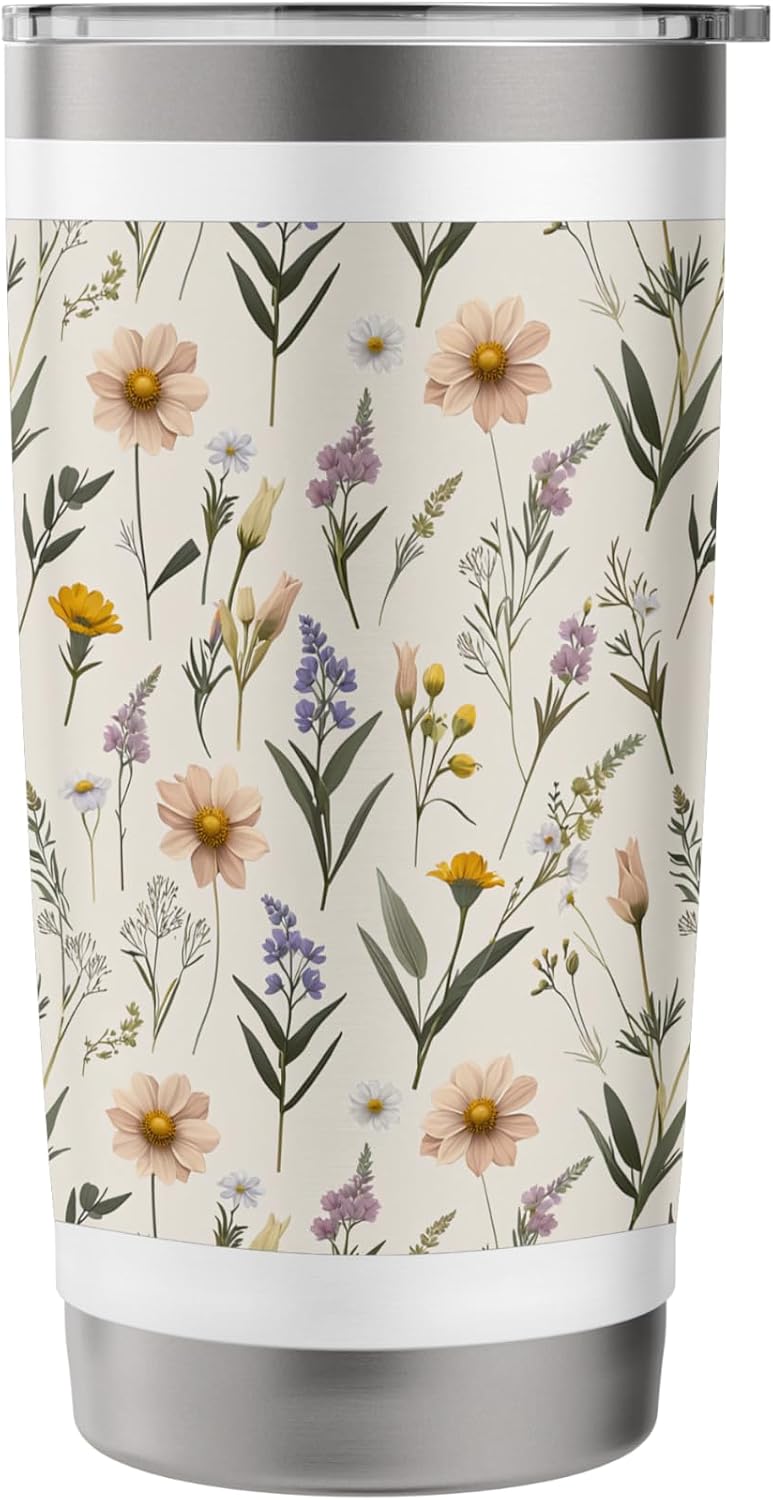 Minimalist Peach Daisy and Lavender Floral Pattern Stainless Steel Insulated Tumbler