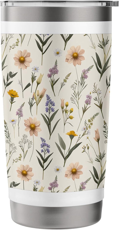 Minimalist Peach Daisy and Lavender Floral Pattern Stainless Steel Insulated Tumbler
