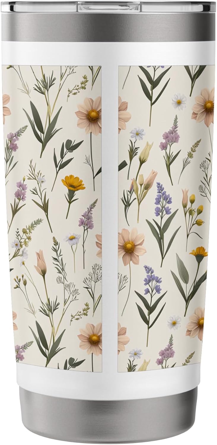Minimalist Peach Daisy and Lavender Floral Pattern Stainless Steel Insulated Tumbler