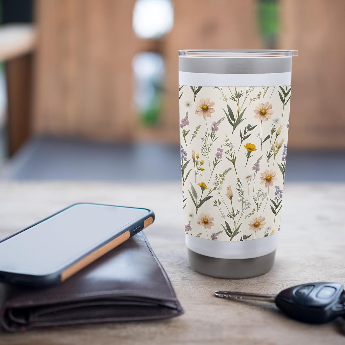 Minimalist Peach Daisy and Lavender Floral Pattern Stainless Steel Insulated Tumbler