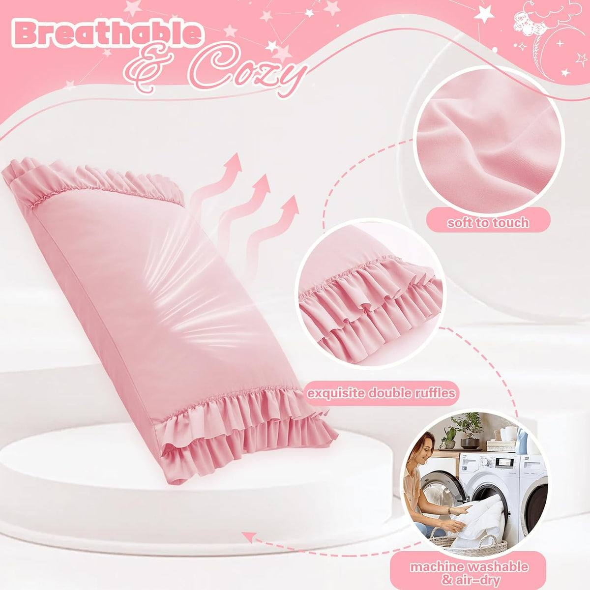 Ruffled Pillow Cases, King 20x36 Inches, Pink, Set of 2