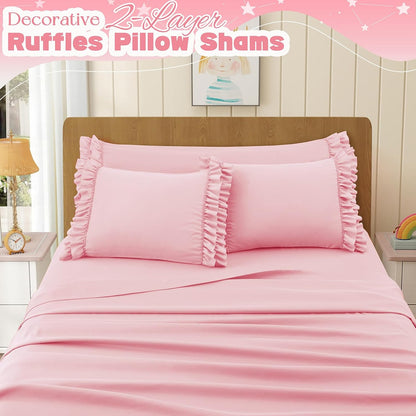Ruffled Pillow Cases, King 20x36 Inches, Pink, Set of 2