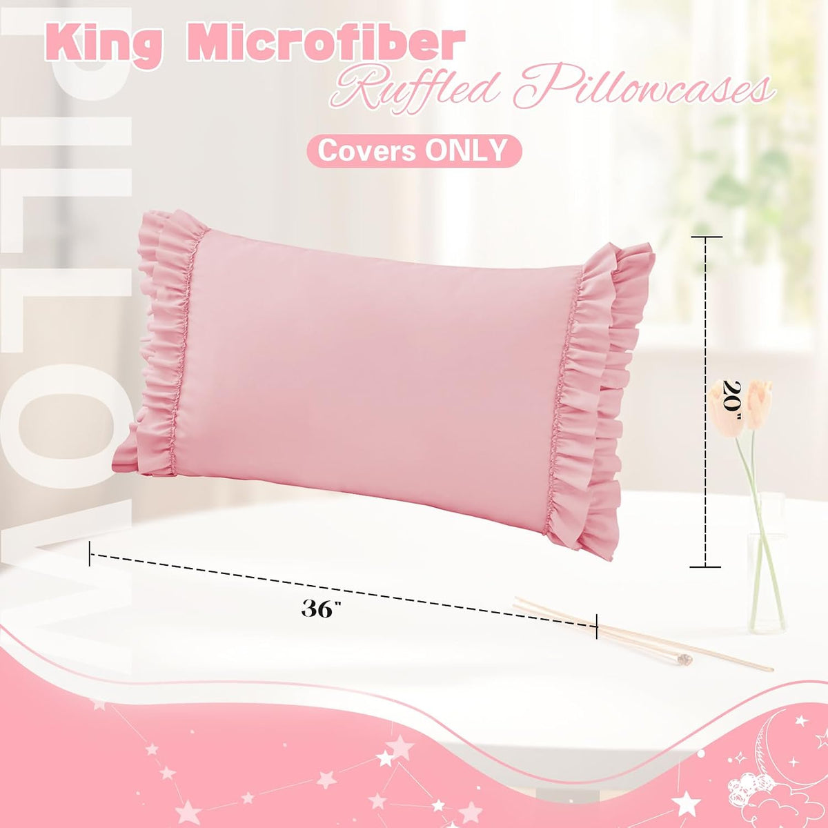 Ruffled Pillow Cases, King 20x36 Inches, Pink, Set of 2