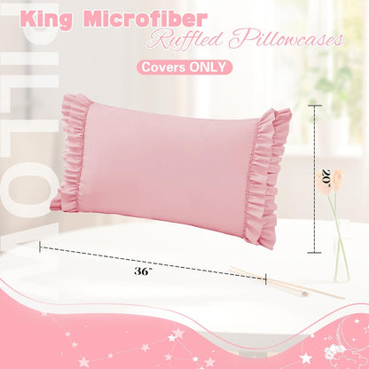 Ruffled Pillow Cases, King 20x36 Inches, Pink, Set of 2
