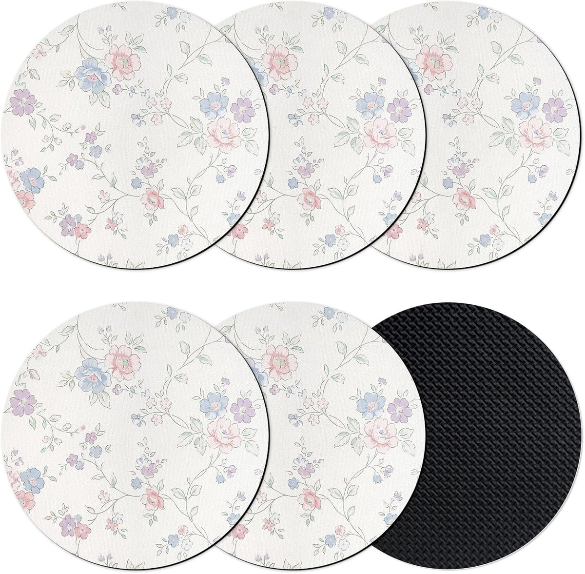 Blue Purple Flowers Coasters Set of 6, Rustic Light Purple Blue Pink Floral Silicone Coasters for Drinks Non-Slip Cup Mat for Home Kitchen Table Decor