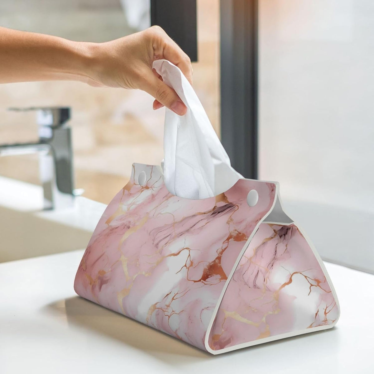 Tissue Box Cover Pink Rose Gold Marble Print Rectangle PU Leather Tissue Box Holder for Car Bathroom Bedroom Desk Tabletop Decor